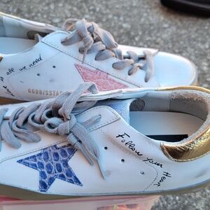 Golden Goose White and Blue Star Sneakers with Gold Detail